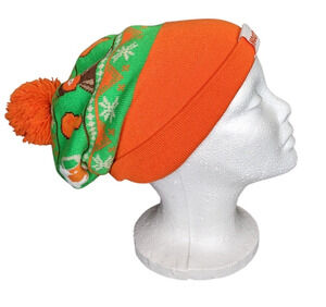 Hooters Hat Beanie Mens Orange Green Cuffed Knit Pom Pom Ugly Sweater Holiday